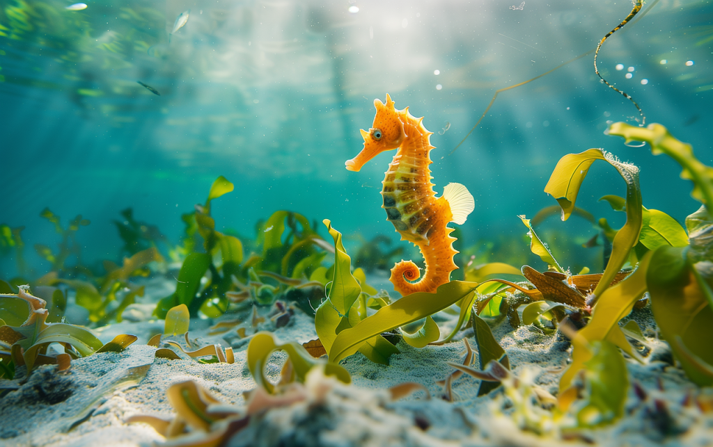 seahorse, underwater, ocean, sea, marine, fish, hippocampus, orange, yellow, sunlight, aquatic life, seagrass, seaweed, marine ecosystem, delicate, nature, graceful, hippocampus kuda, ai generated