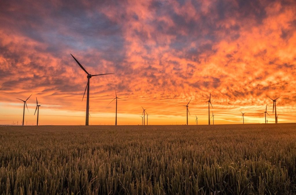 windmills, fields, sunset, clouds, sky, cloudsscape, dusk, twilight, wind turbines, renewable energy, horizon, wind power, wind energy, nature, alternative energy, green energy, field, sunrise